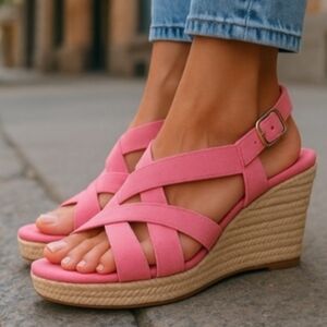 Pink Women's Wedge Sandals - Casual Strappy Slingback